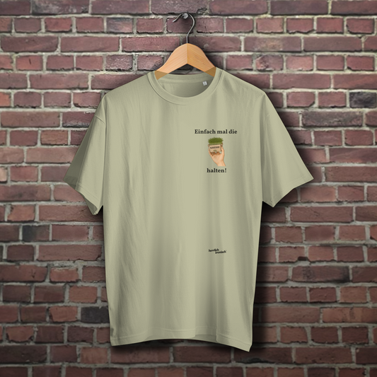 Einfach mal Kresse halten – Soft Salvia Oversize Unisex T-Shirt mit Schriftzug und kleiner Illustration auf der Brust